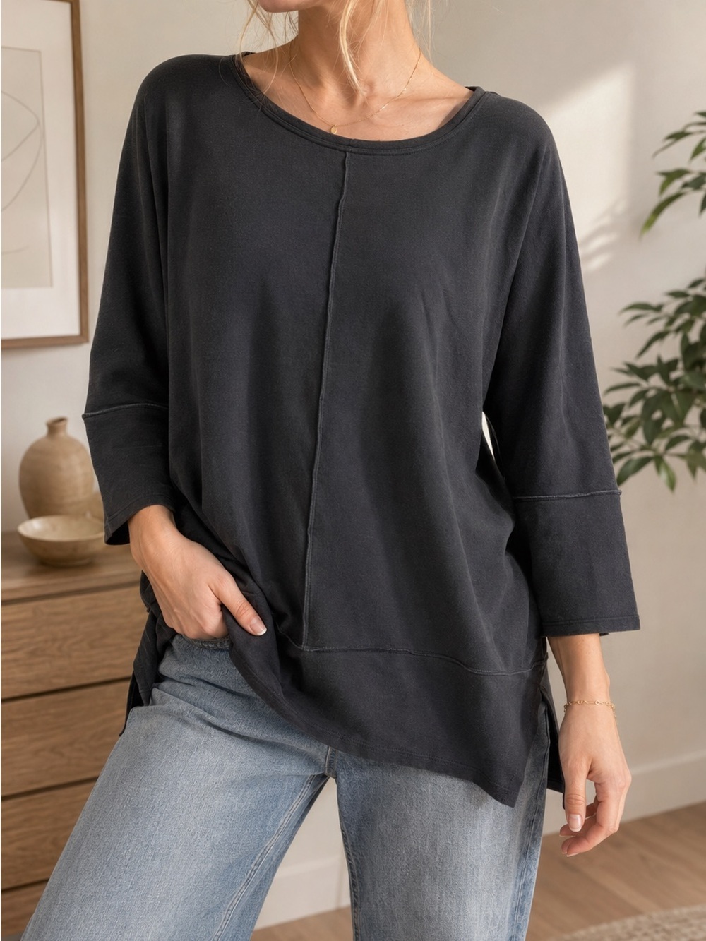 SPANX Top Women L Black Oversized Tunic 3/4 Sleeve Soft Stretch Pullover